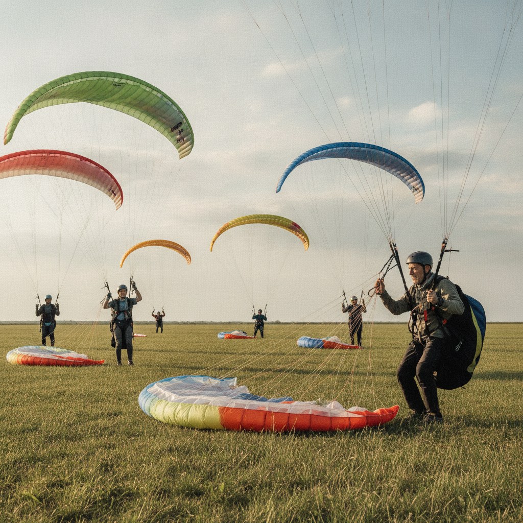 Aday pilotlar düz sahada kanat şişirme groundhandling çalışması yapıyor